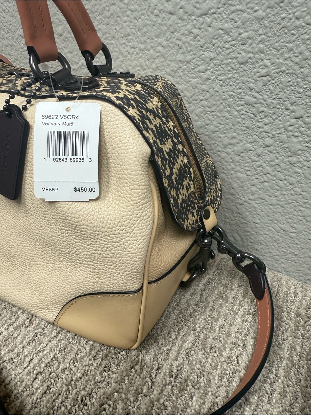 Coach Beige Lane Satchel in Colorblock with Snake Skin Accents - Picture 3 of 16